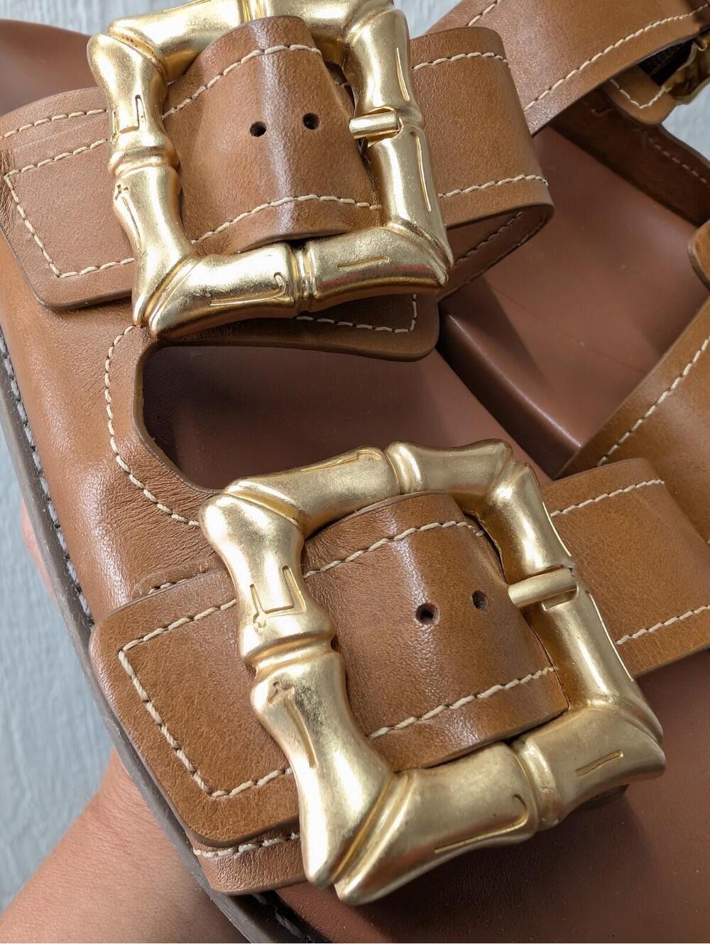SHUTZ Enola Sporty Leather Slides Sandals Gold Buckles Women's Size 8 - Picture 6 of 9